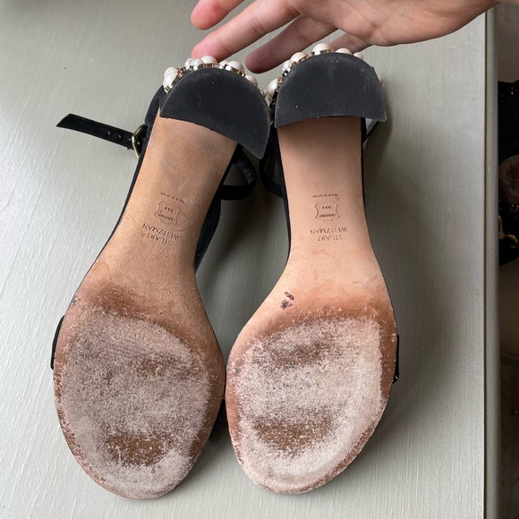 Stuart Weitzman black suade block heel w/ pearl white gold details in size 9.5 - Picture 16 of 16